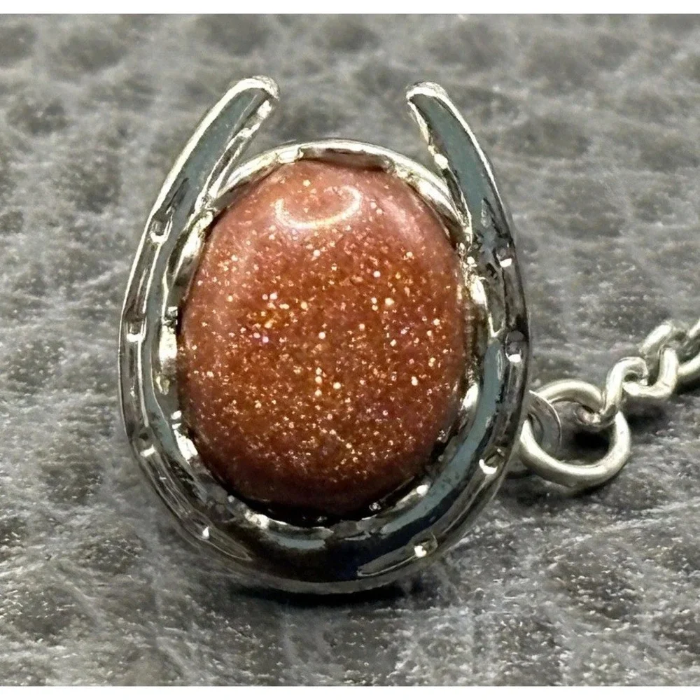 Vintage Horseshoe Goldstone Glitter Cabochon Equestrian Tie Tack Silver Tone